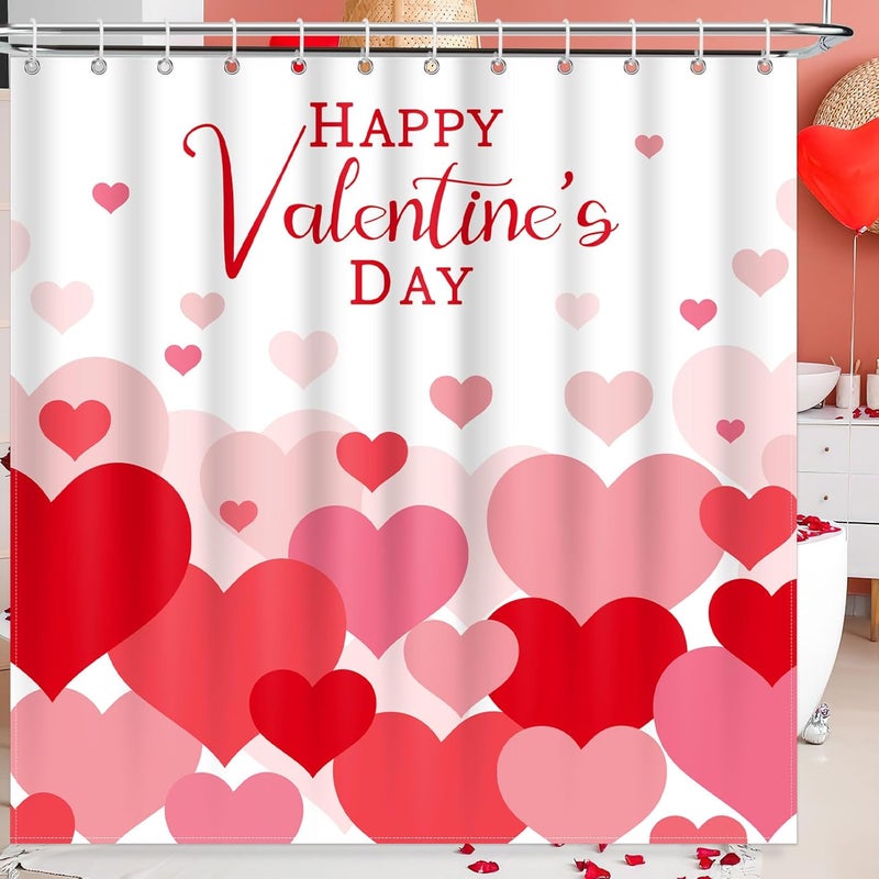 BOARDFEB Valentine's Day Shower Curtain, 72 X 72 Inches Heart Valentine Shower Curtain Romantic Red Hearts Bathroom Decor with Hooks Set Polyester Fabric Bathroom Bathtubs Decor - Image 1